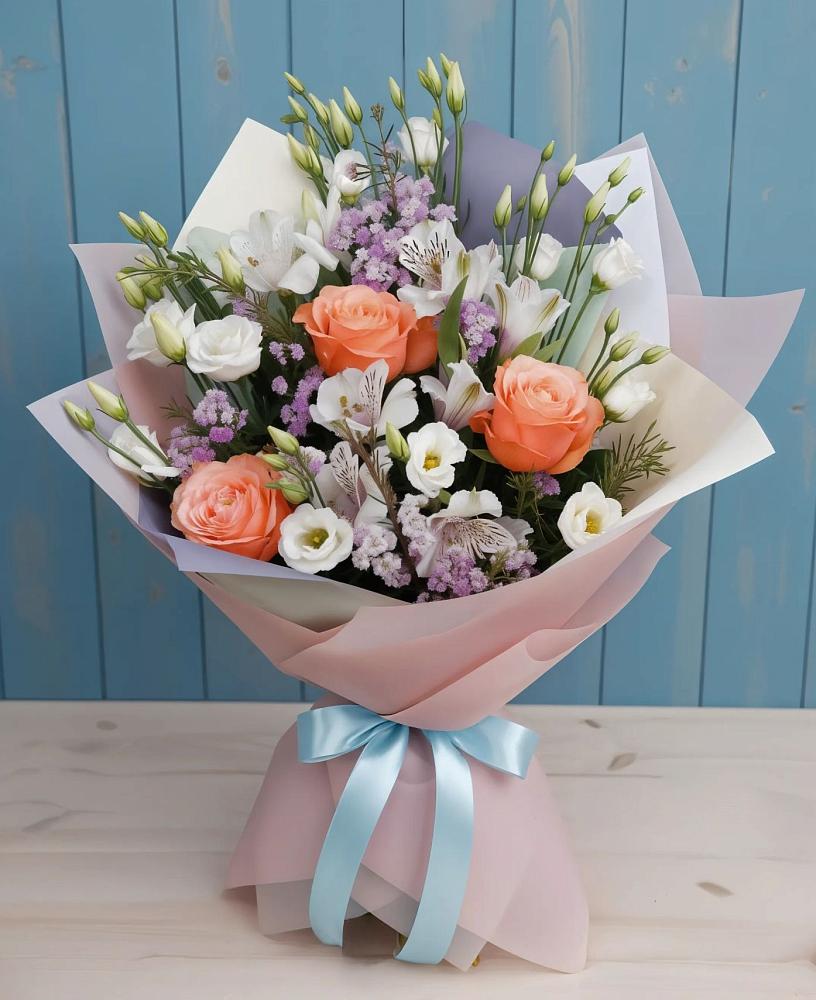 Букет цветов из: Лизиантусы, Розы, Альстромерии и Гипсофила в Красногвардейском