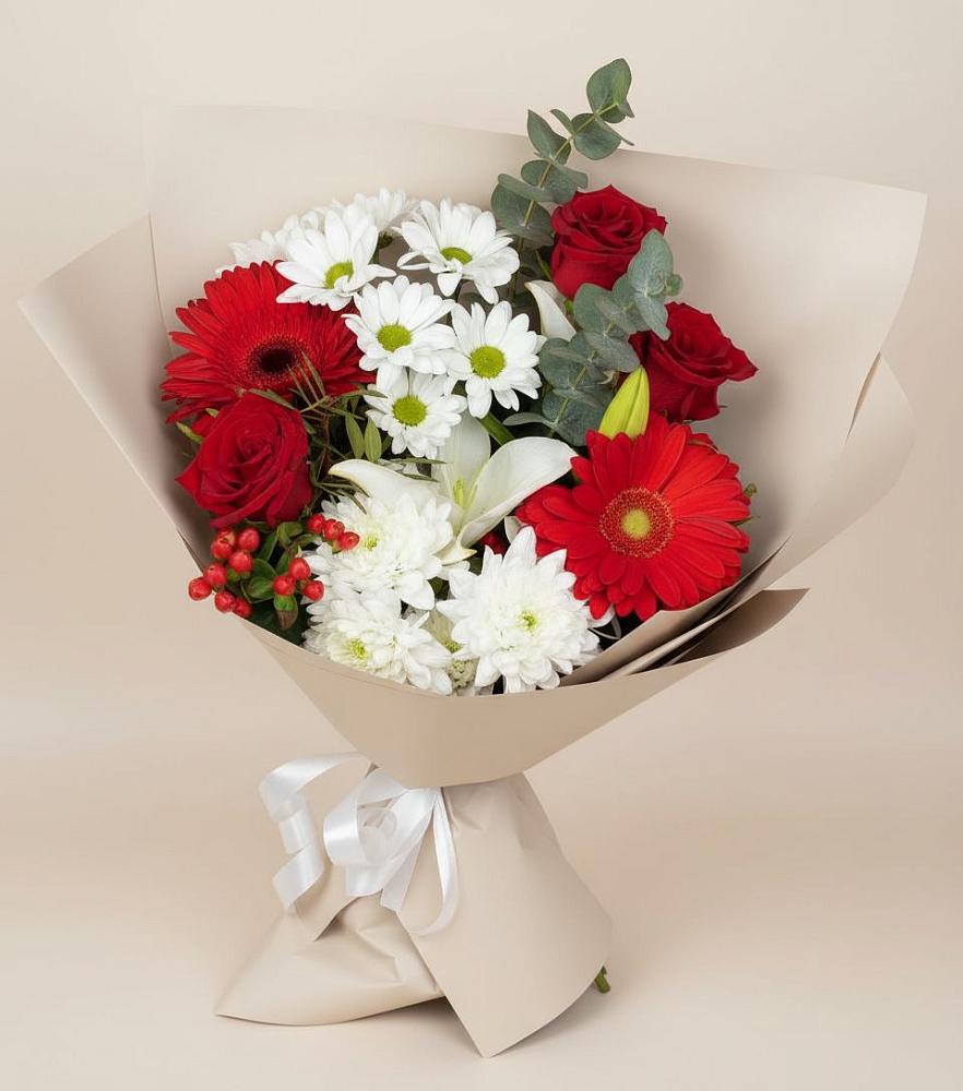 Букет цветов из: Розы, Хризантемы, Герберы и Лилии в Красногвардейском
